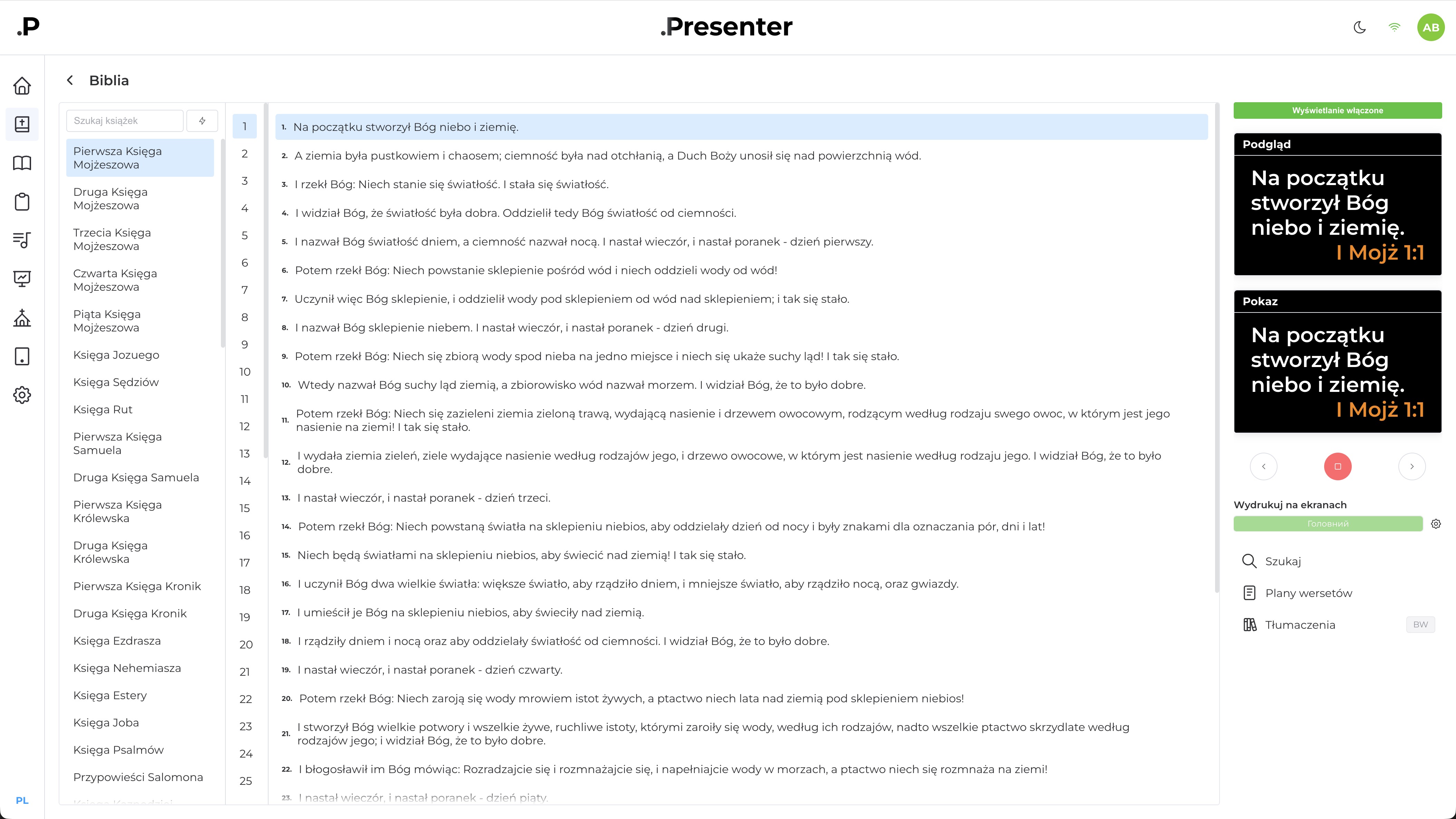 Moduł Biblii w DotPresenter z nawigacją i tłumaczeniami
