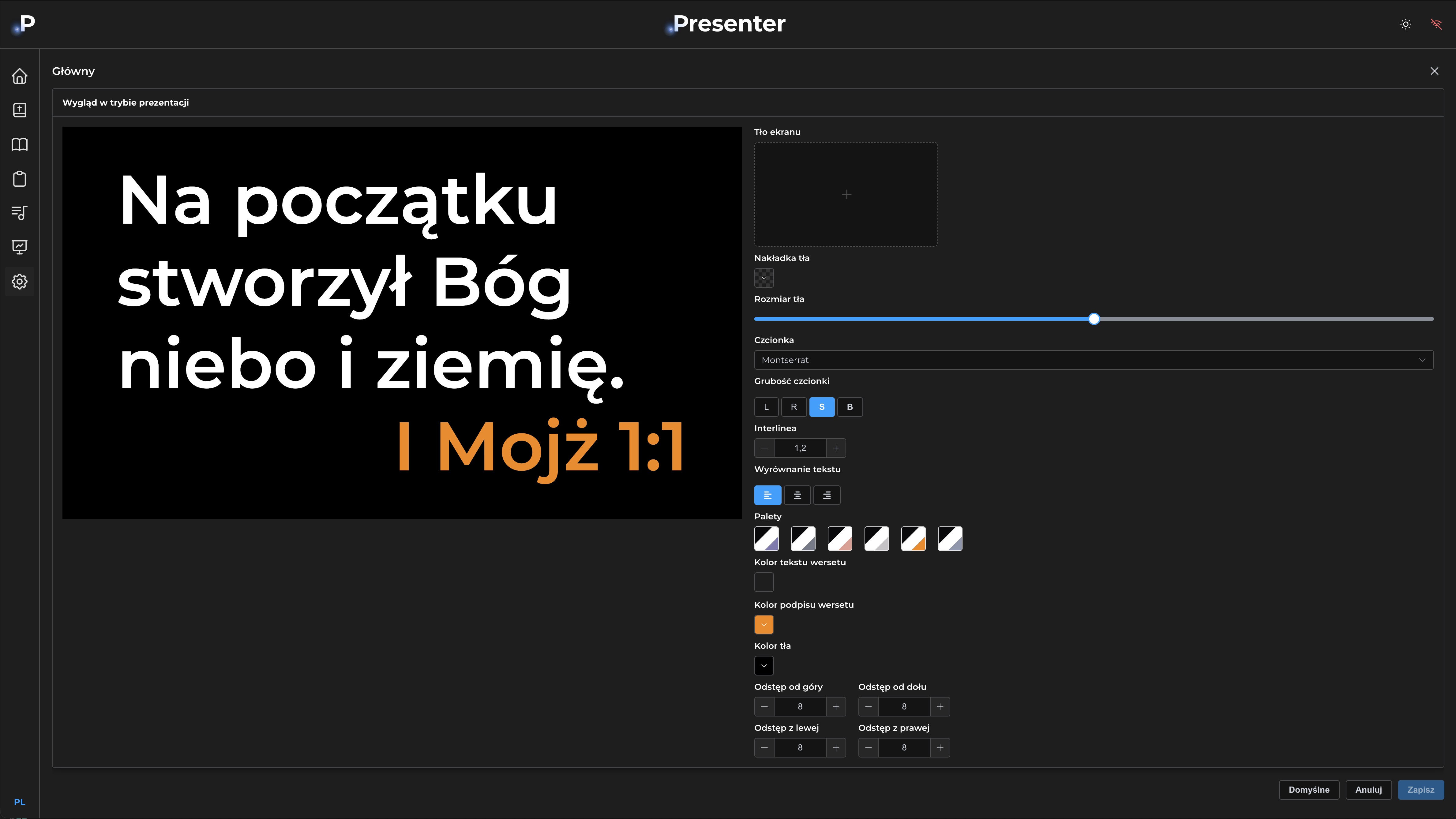 DotPresenter — ustawienia ekranów, motyw ciemny