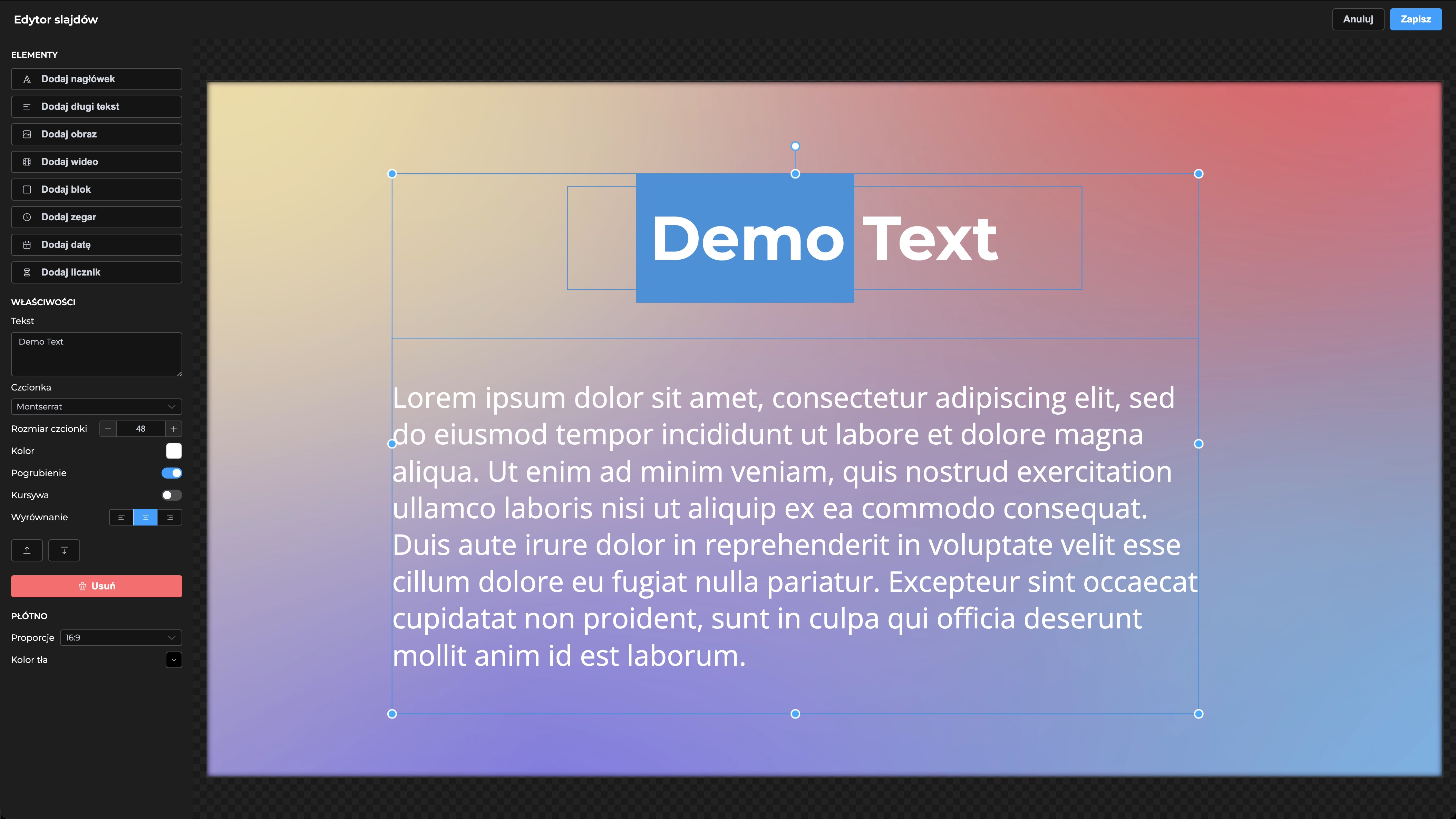 Edytor slajdów i plan wersetów na kazanie w DotPresenter, motyw ciemny