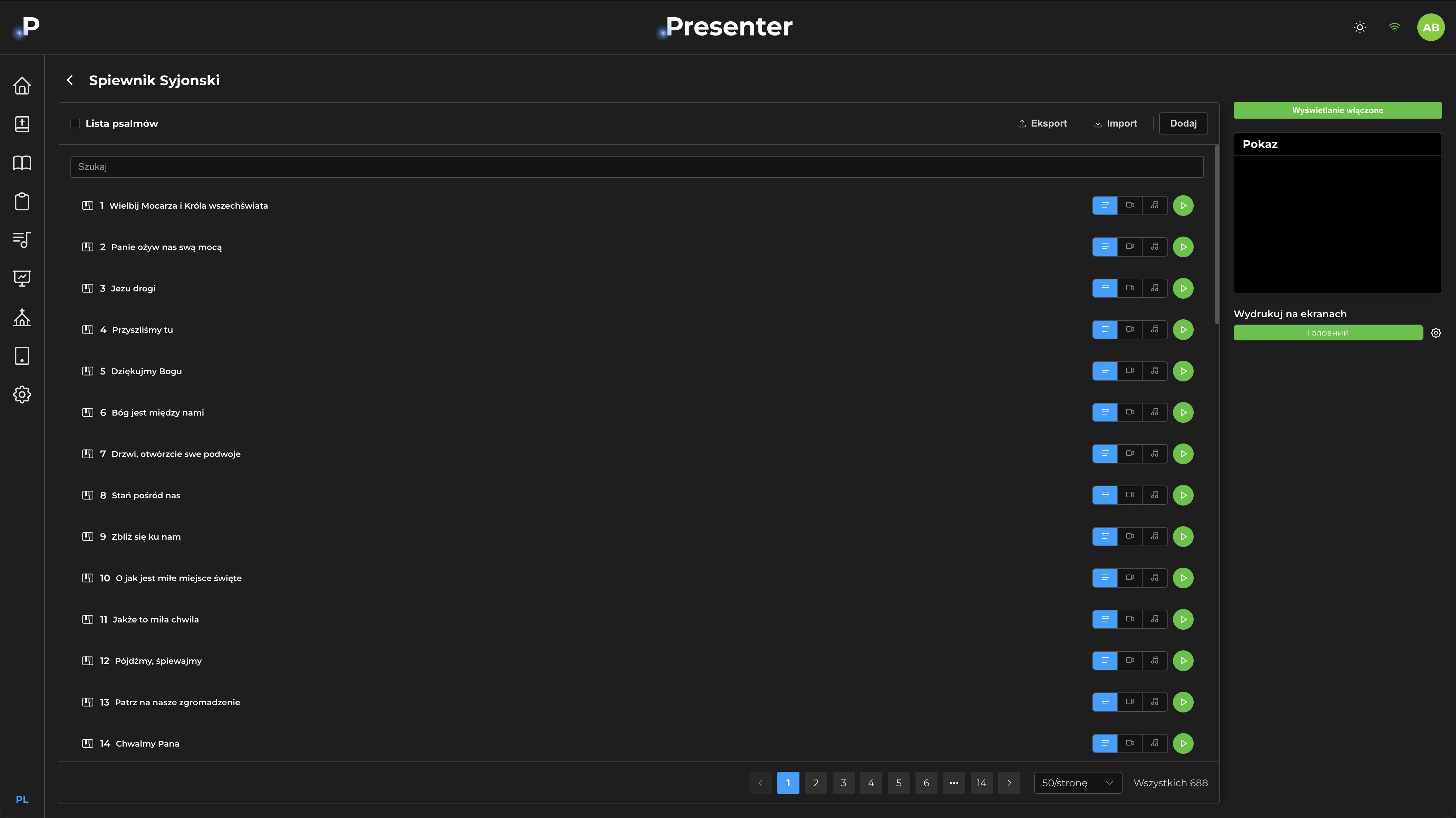 Biblioteka pieśni DotPresenter z gotowymi zbiorami, motyw ciemny